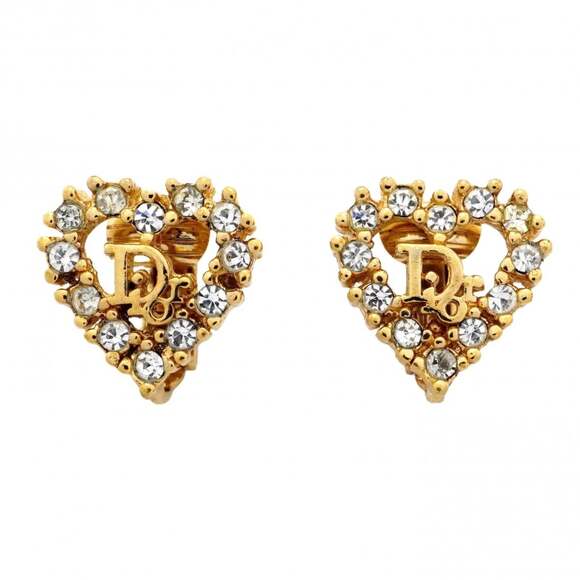 Christian Dior Earrings Heart Motif GP Plated Rhinestone Gold Women's